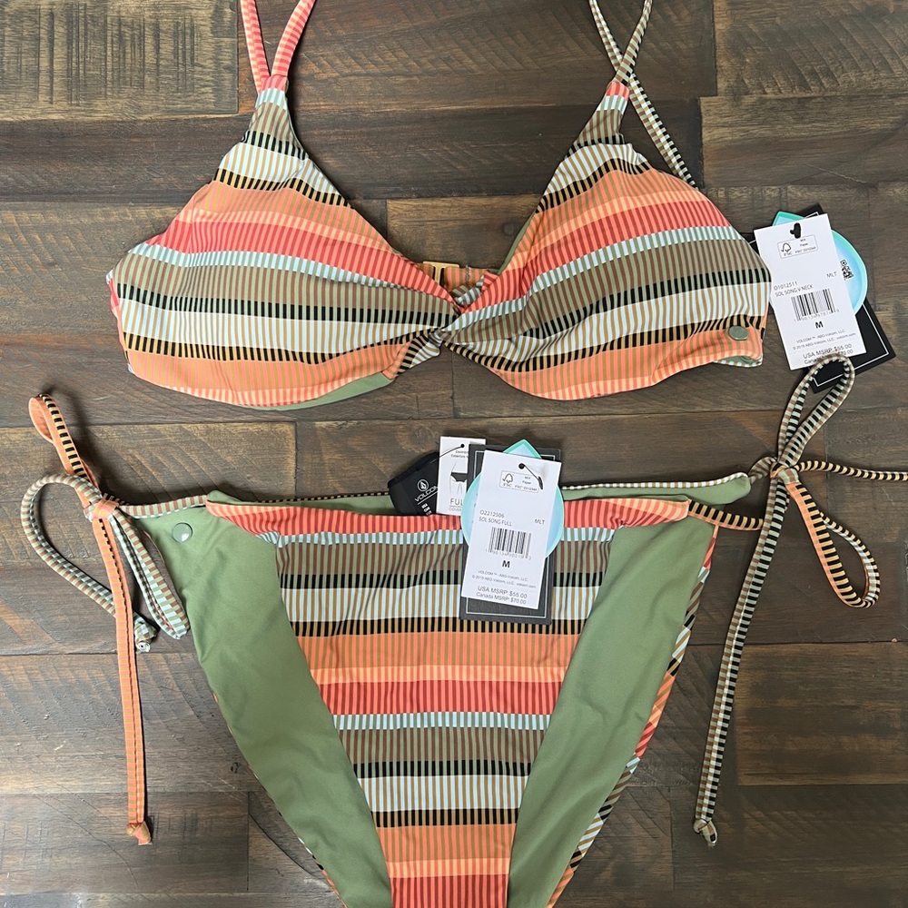 Volcom Orange and Green Bikini Set with Adjustable Ties